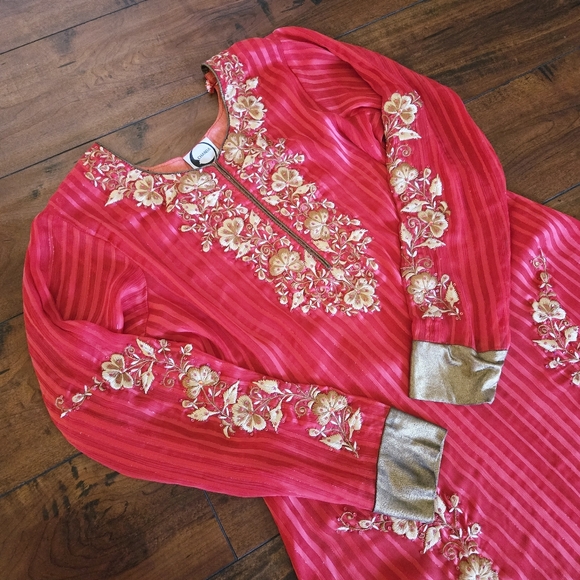 Embroidered Salwar Kameez Dupatta Long Scarf Red Gold Chiffon Party Wear Dress - Picture 8 of 16